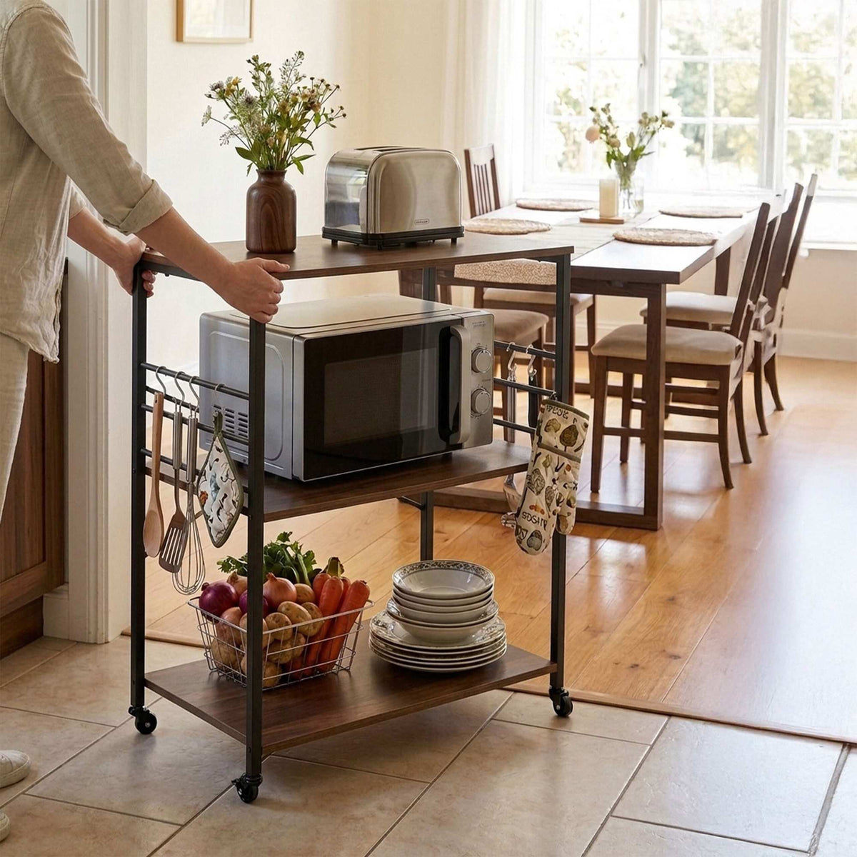 3-Tier Kitchen Cart With Wheels, 6 S-Hooks