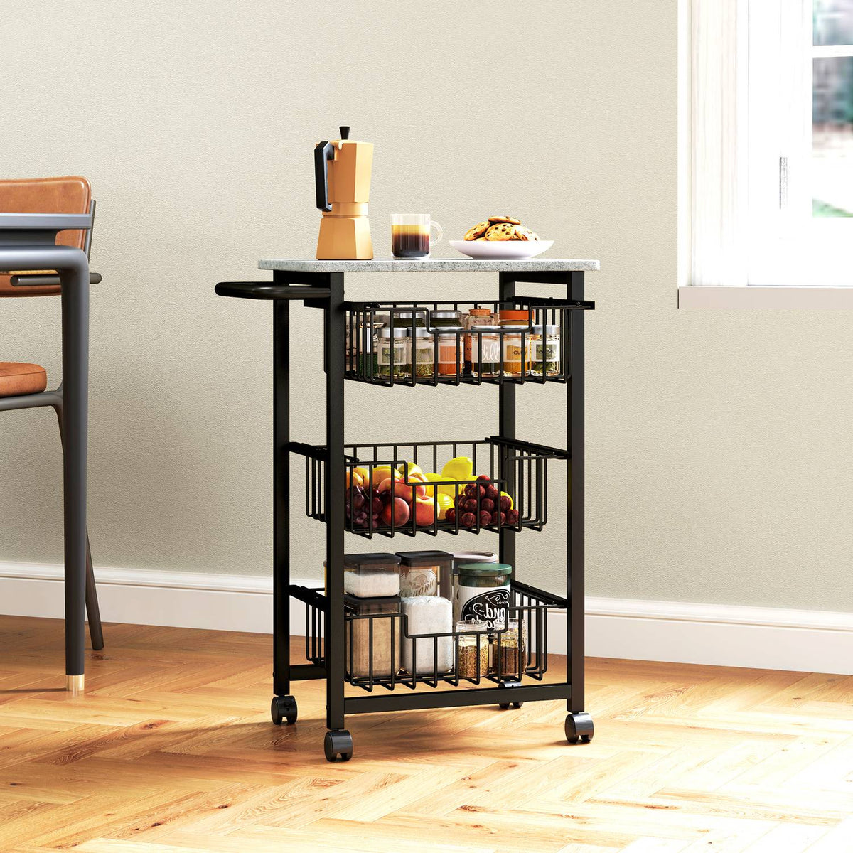 3-Tier Kitchen Cart on Wheels with Steel Baskets