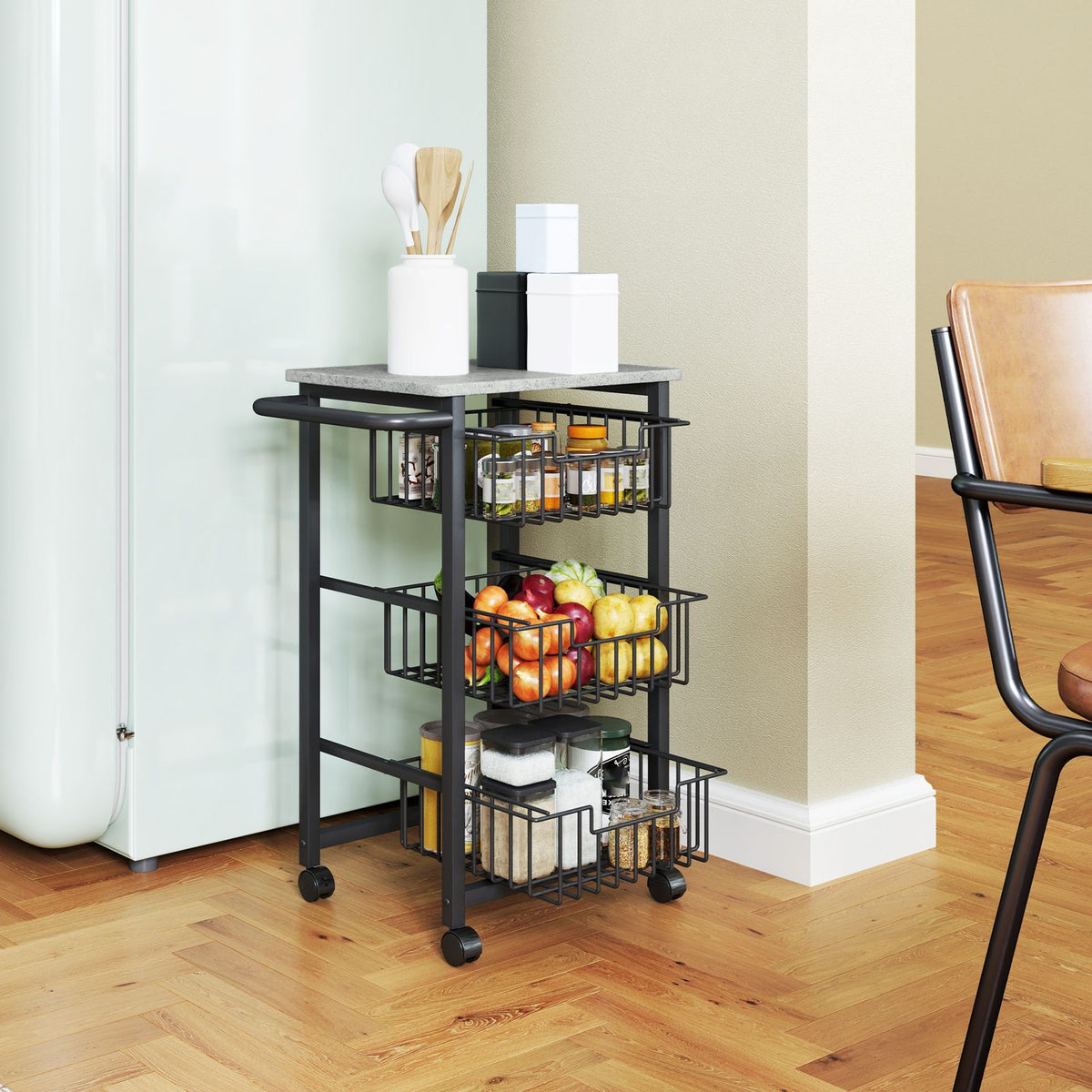 3-Tier Kitchen Cart on Wheels with Steel Baskets