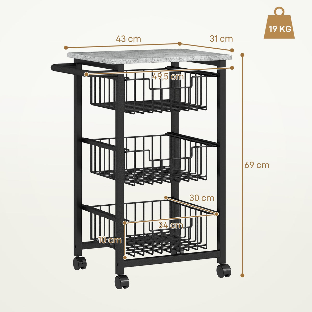 3-Tier Kitchen Cart on Wheels with Steel Baskets