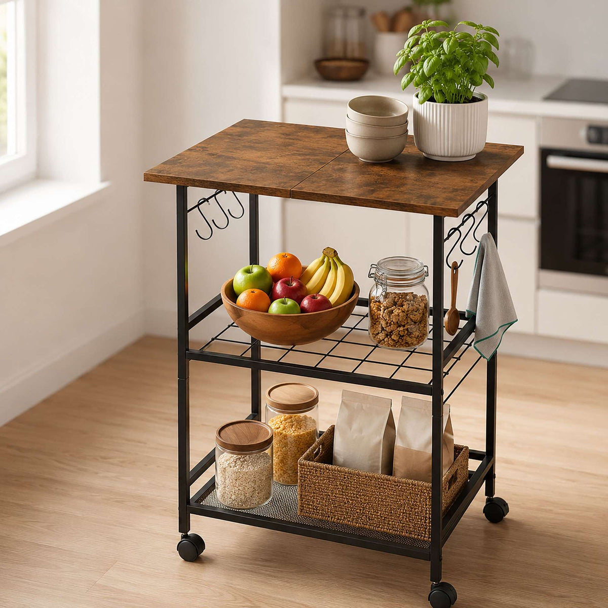 3-Tier Kitchen Trolley, Brown – Metal & MDF, Lockable Wheels