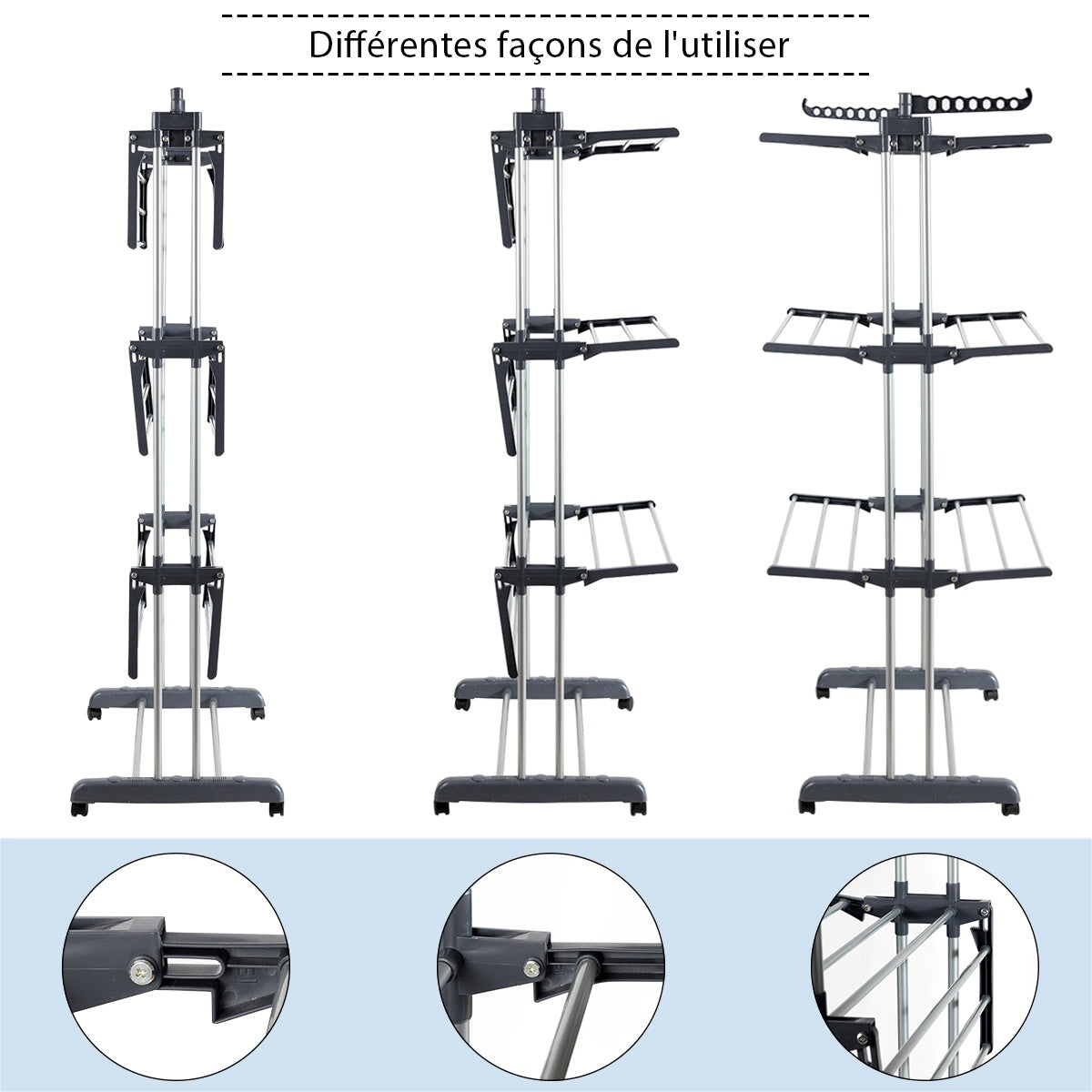 3-Tier Laundry Drying Rack, Foldable, Wheeled, 169 cm