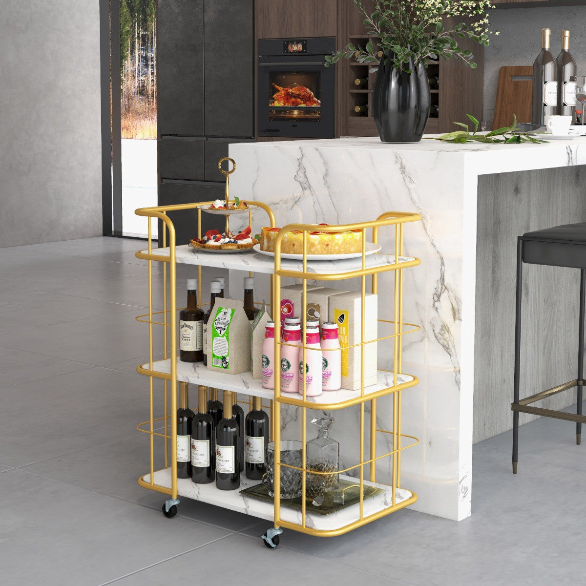 3-Tier Metal Kitchen Serving Cart, Faux Marble Top, Casters