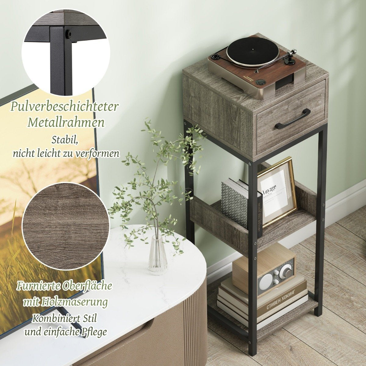 3 Tier Metal Plant Stand Flower Stand with Drawer Wood 30.5 x 30.5 x 92 cm (1 Pack)