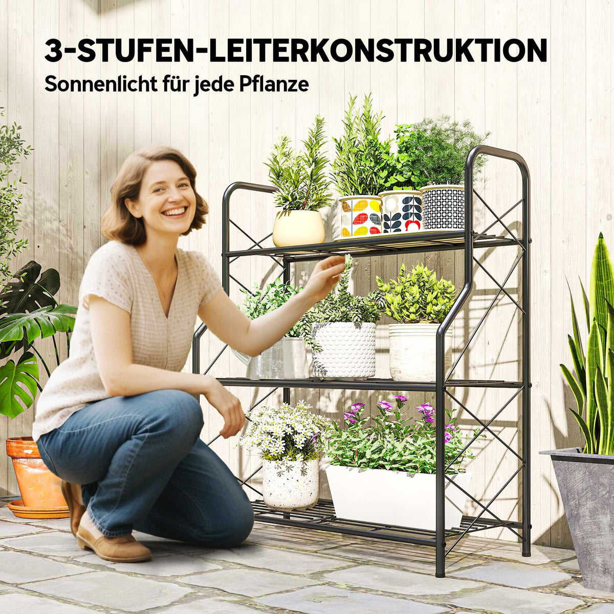 3-Tier Metal Plant Stand with Handles, 78 cm, Black