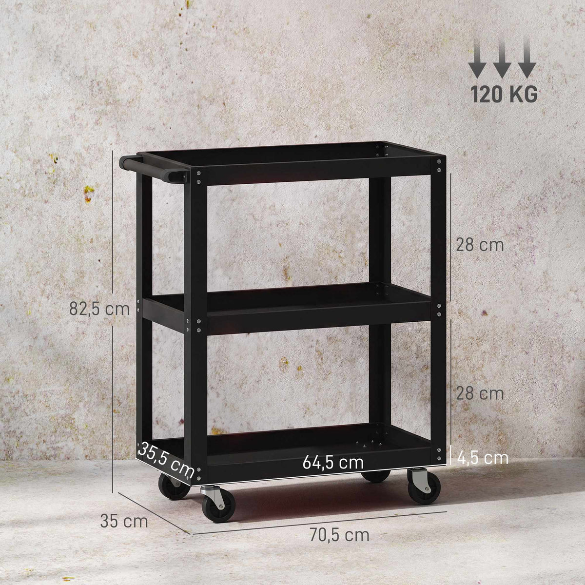 3-Tier Metal Utility Cart with Wheels, Black, 70.5 x 35 x 82.5 cm