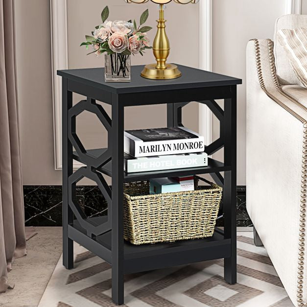 3-Tier Nightstand End Table, Black MDF Storage