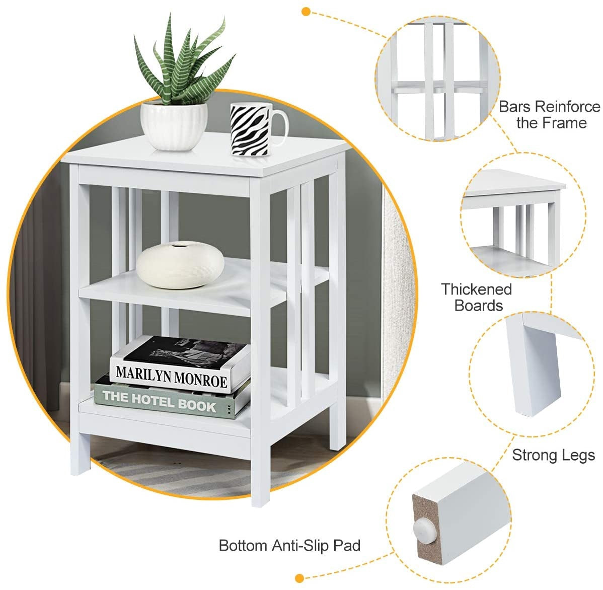3-Tier Nightstand, MDF Shelves, Reinforced Bars, White