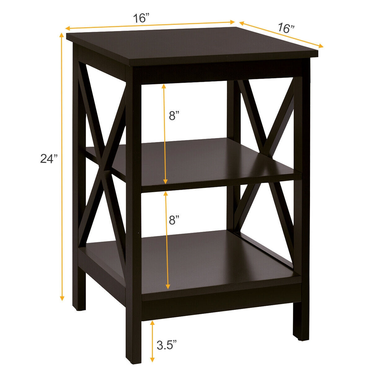 3-Tier Nightstand, X-Frame Shelves, Dark Brown