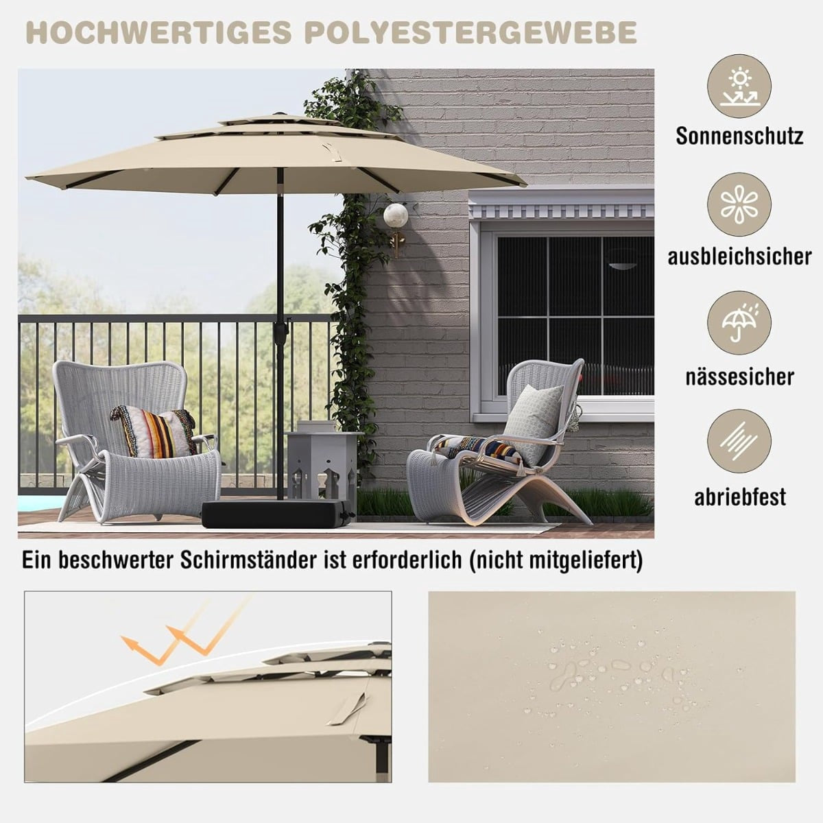 3-Tier Patio Umbrella, Beige, 300 cm, Wind-Resistant