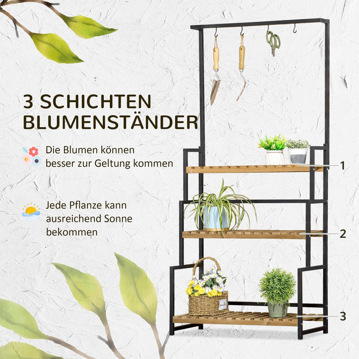 3 Tier Plant Shelf Flower Stairs With Mounting Hooks Garden Plant Stand Natural Wood 80Cm X 36Cm X 174Cm