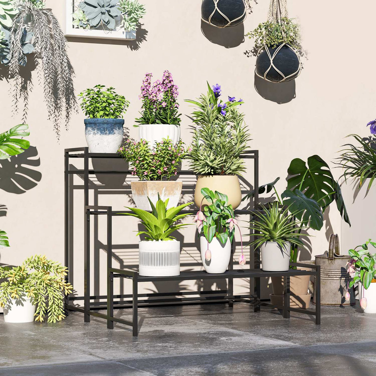 3-Tier Plant Stand, Flower Stand for Indoor Outdoor Use, Metal Plant Shelf, Multi-Tier Flower Shelf, 66 cm High Flower Stairs for Living Room, Garden Balcony Decoration, Black