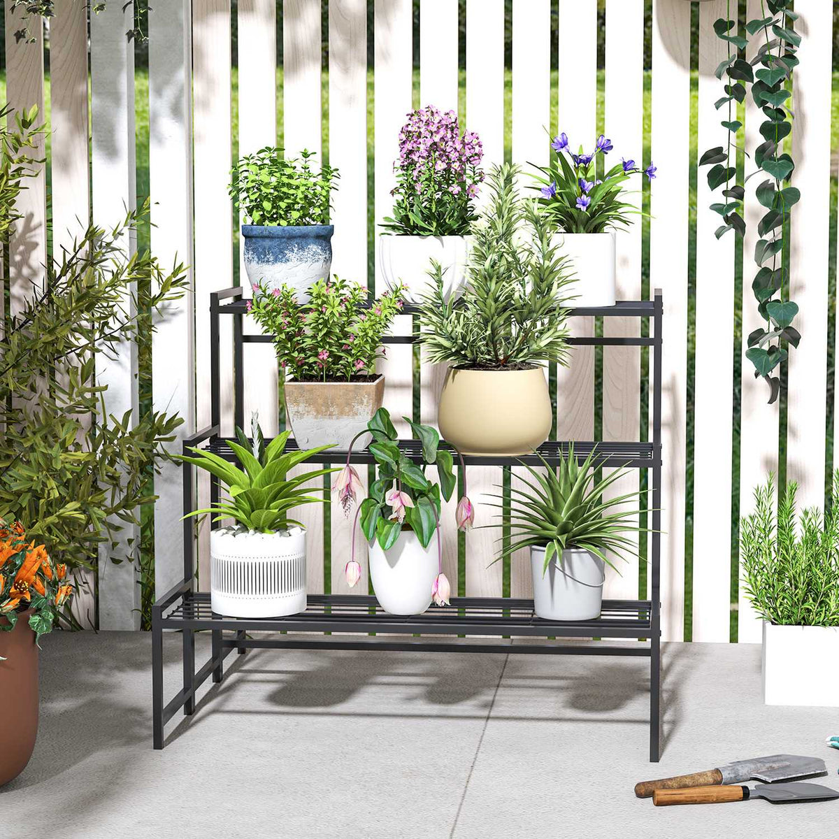 3-Tier Plant Stand, Flower Stand for Indoor Outdoor Use, Metal Plant Shelf, Multi-Tier Flower Shelf, 66 cm High Flower Stairs for Living Room, Garden Balcony Decoration, Black