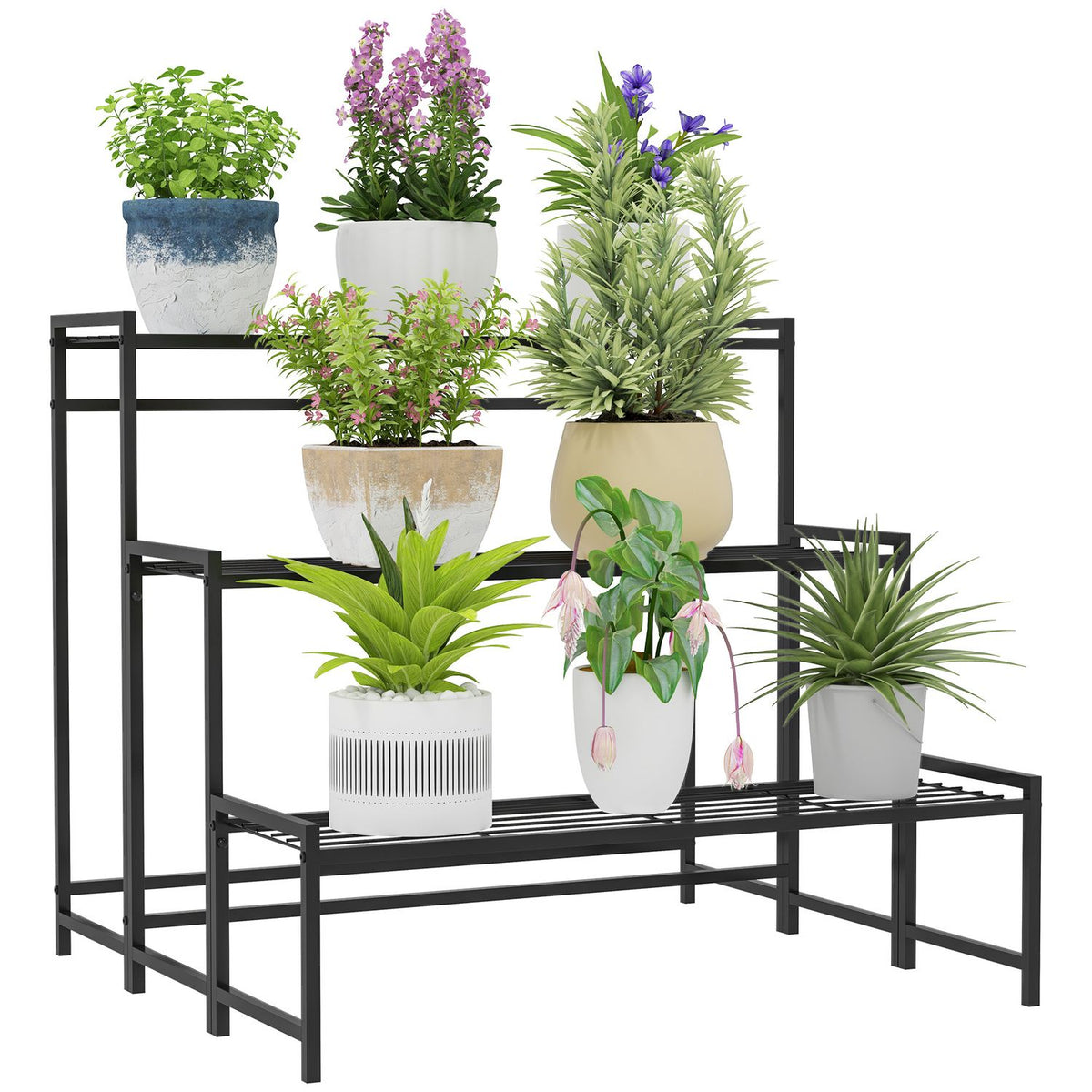 3-Tier Plant Stand, Flower Stand for Indoor Outdoor Use, Metal Plant Shelf, Multi-Tier Flower Shelf, 66 cm High Flower Stairs for Living Room, Garden Balcony Decoration, Black