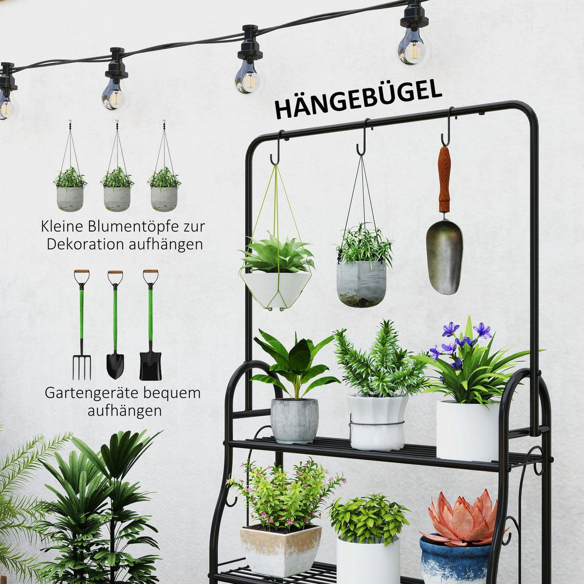 3-Tier Plant Stand with Hanging Rod, Hooks, Indoor Flower Stand, Metal Plant Shelf, Multi-Tier Flower Shelf, 137cm High Flower Stairs for Living Room, Garden Balcony, Black