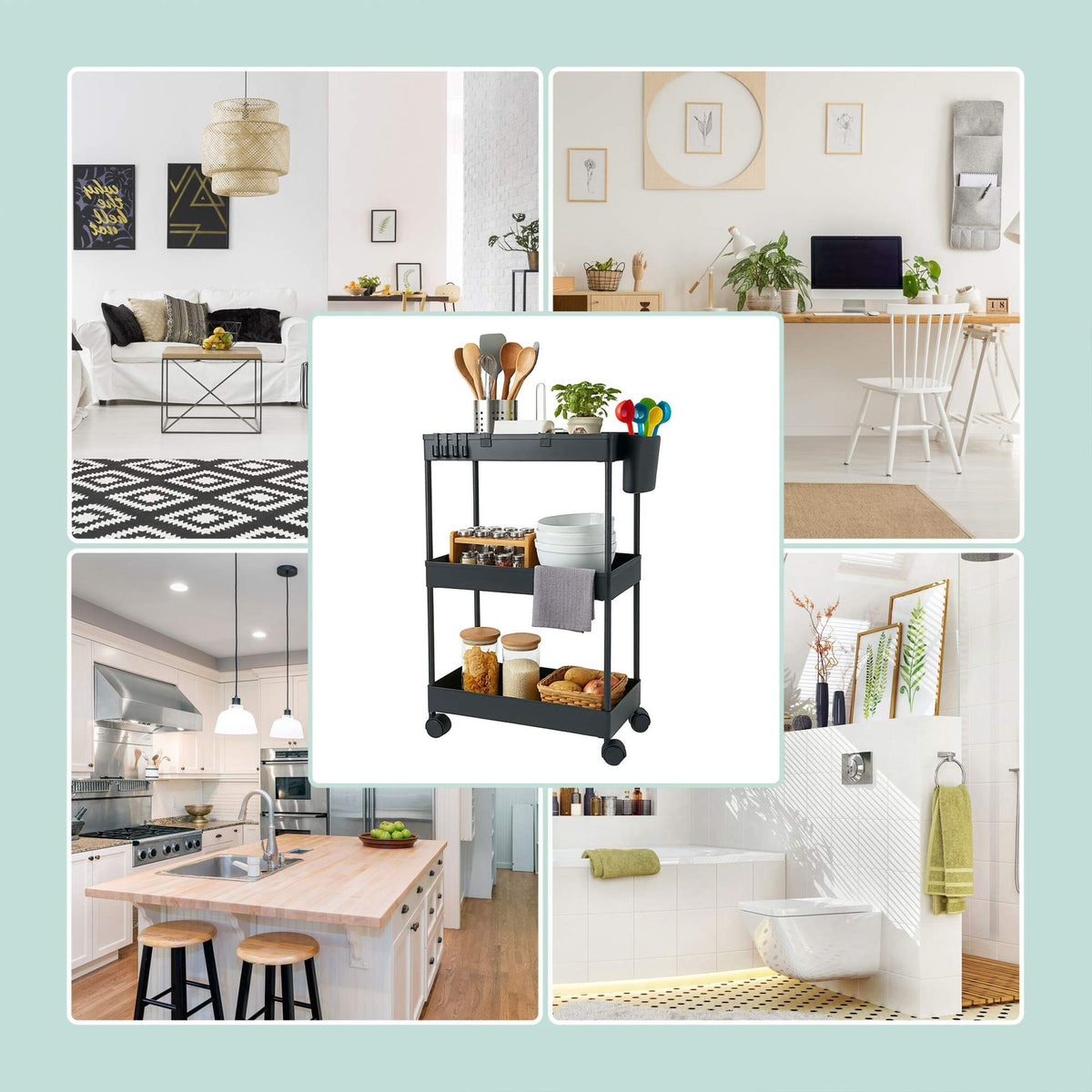 3-Tier Rolling Cart with Wheels for Kitchen & Bathroom