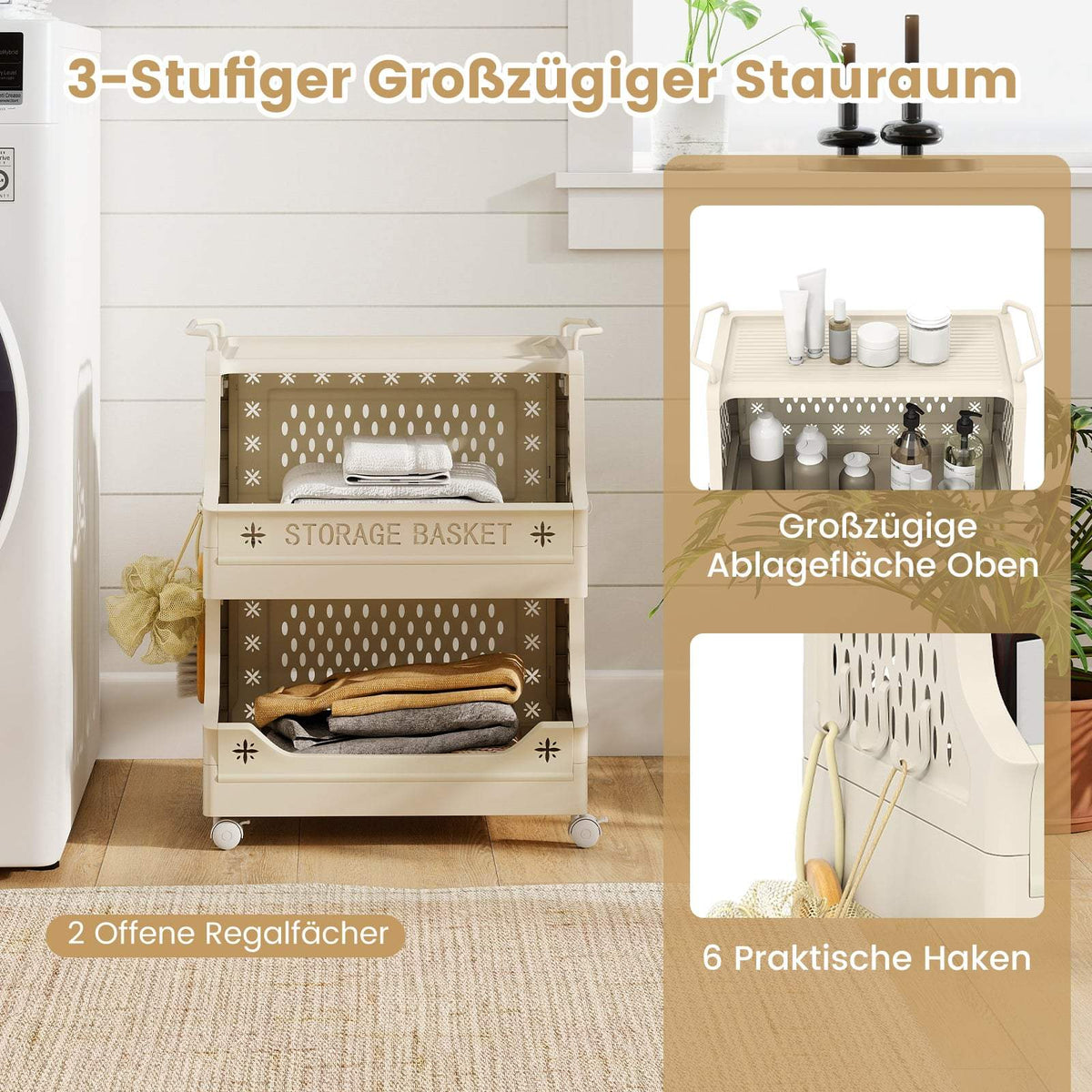 3-Tier Rolling Laundry Basket with Handles & Hooks