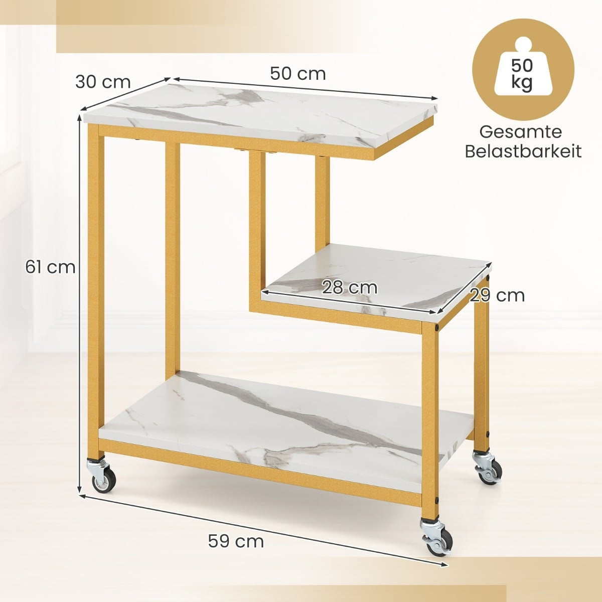 3-Tier Rolling Side Table – Marble Look, G-Shaped Design