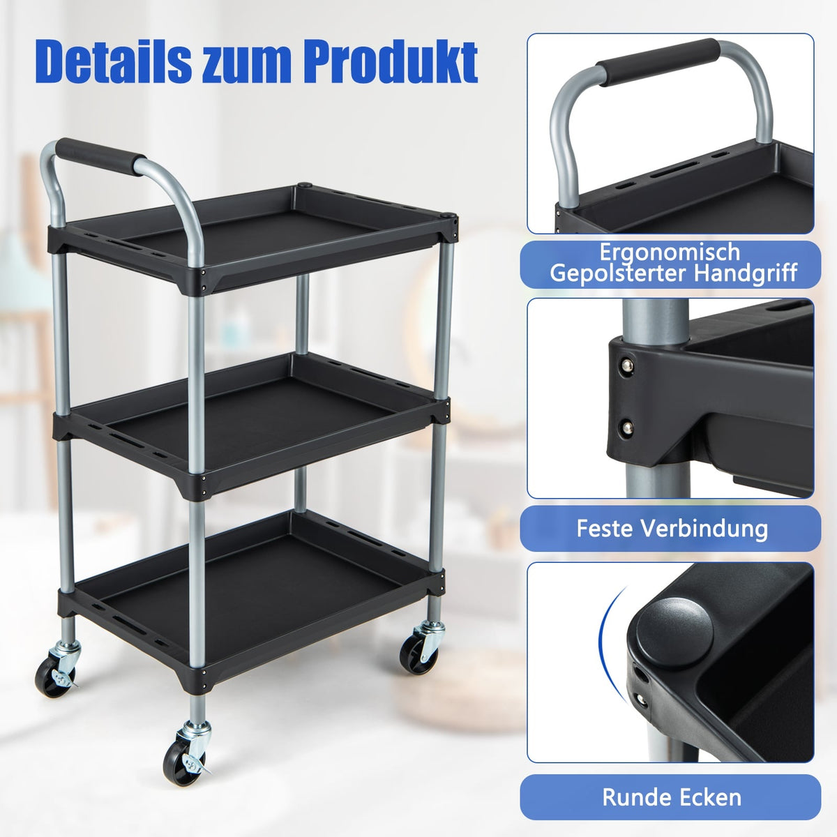 3-Tier Rolling Tool Cart with Wheels, Black, 64x40x102 cm
