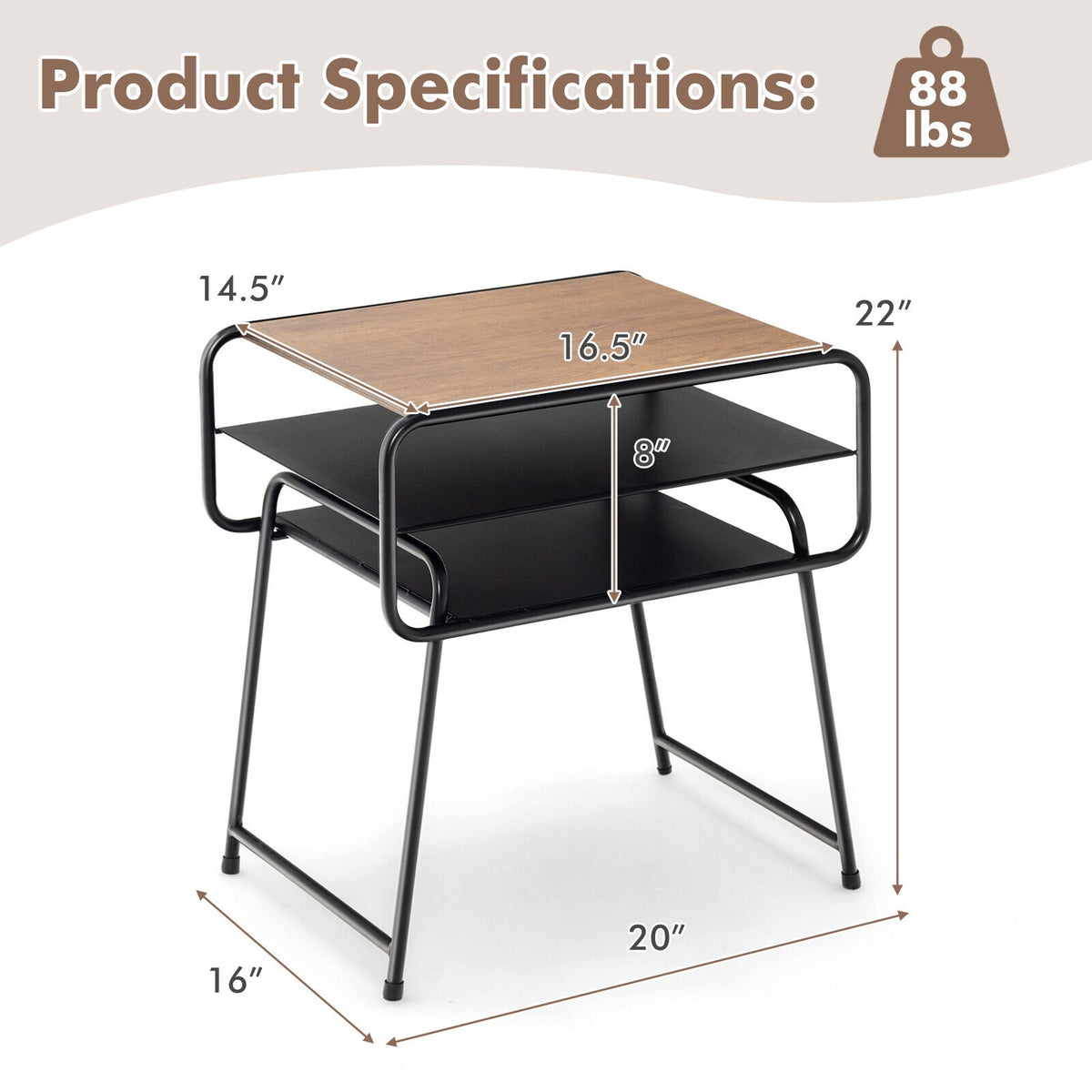 3-Tier Side Table, Storage Shelves, 20 x 16 x 22 in