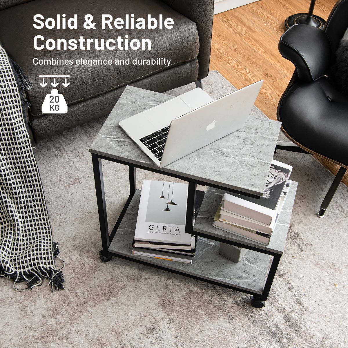 3-Tier Side Table With Casters, MDF Top, Steel Frame