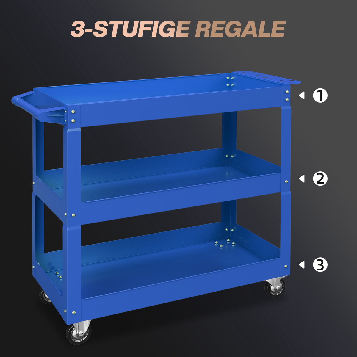 3-Tier Steel Tool Cart, 4 Wheels, 83x35.3x76 cm, Blue
