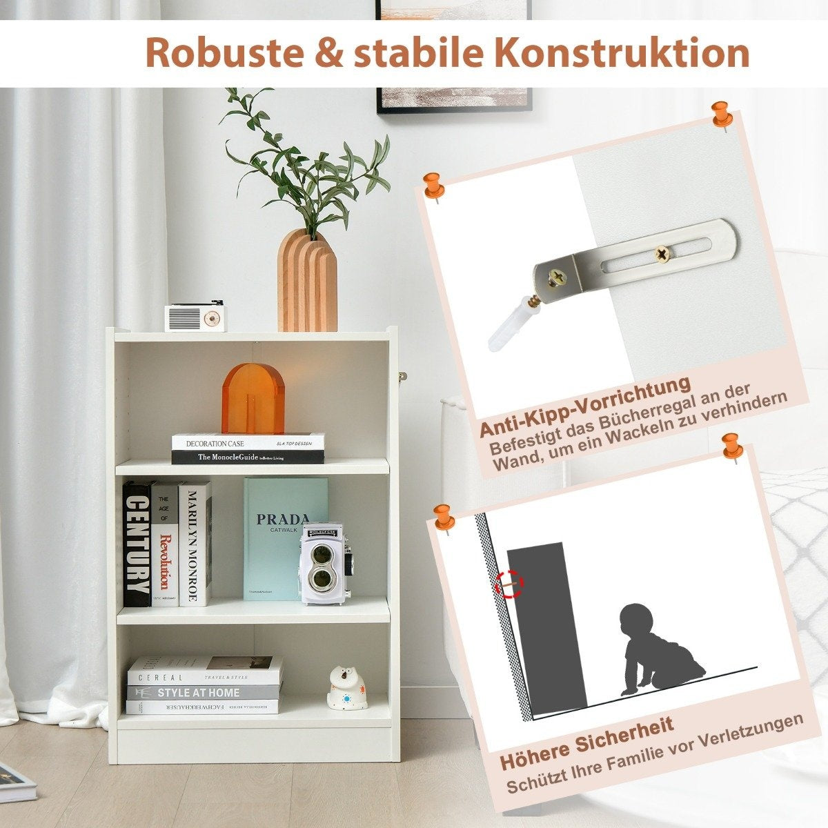 3-Tier White Bookshelf with Adjustable Shelves, 50x30x75 cm