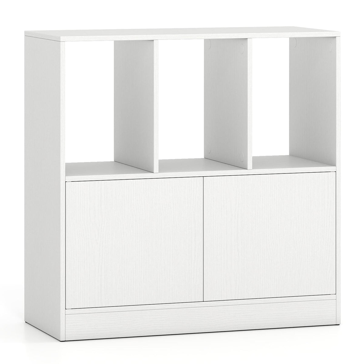 3-Tier White Bookshelf with Doors and Open Cubes