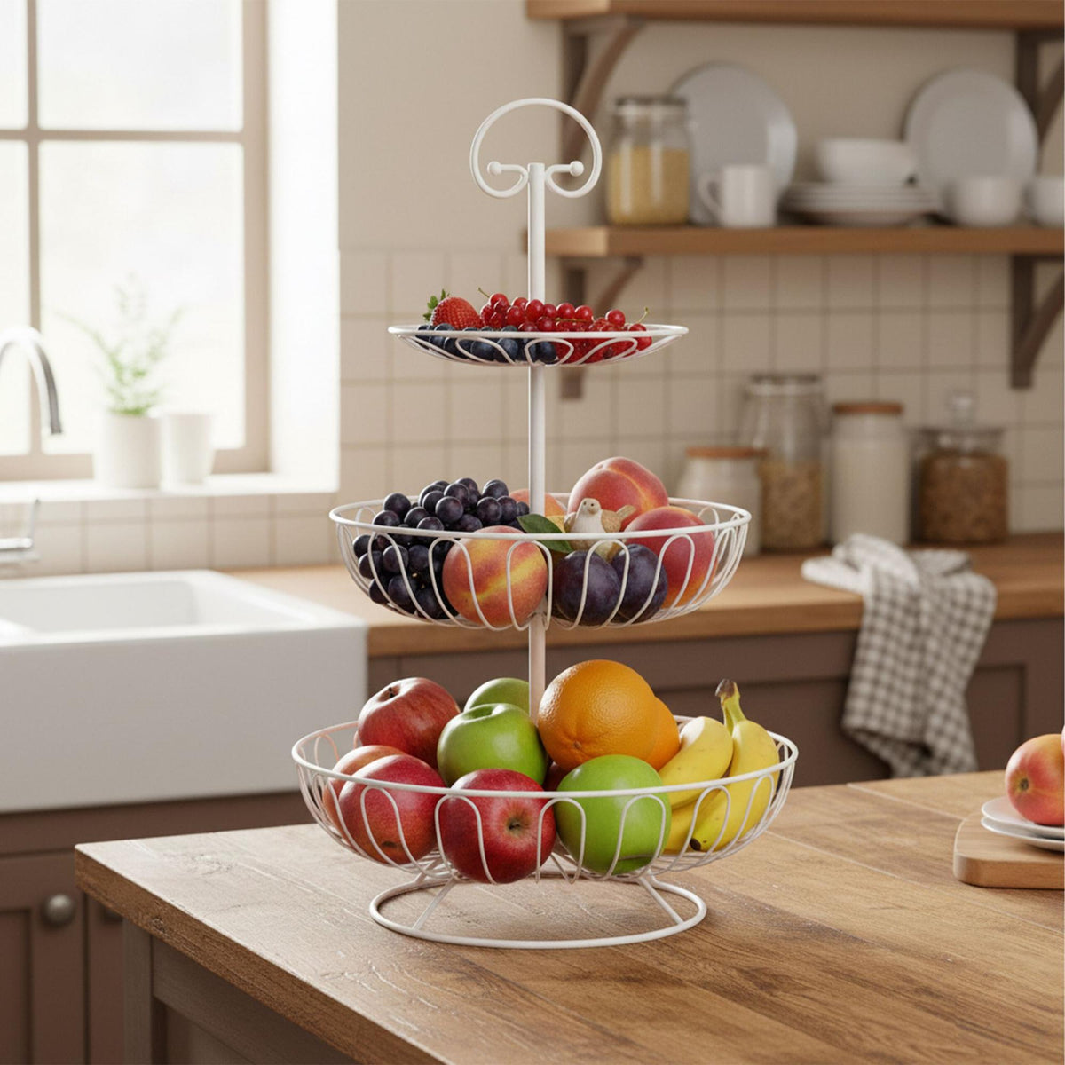 3-Tier Wire Fruit Bowl Stand – Round, Air-Circulating Design