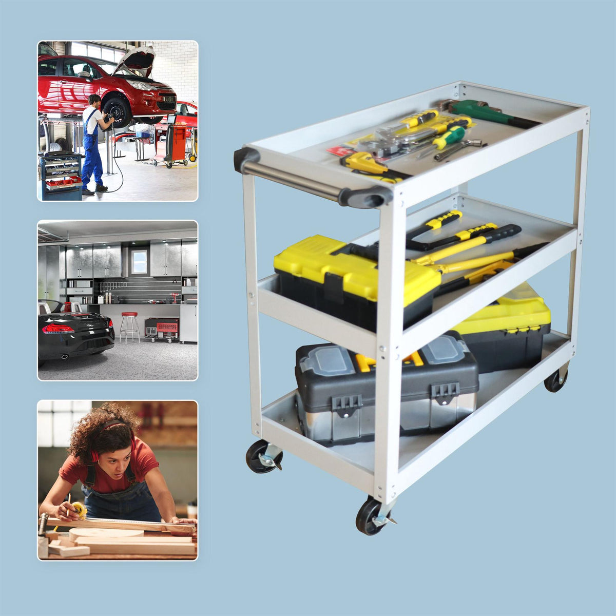 3-Tier Workshop Trolley with Swivel Castors