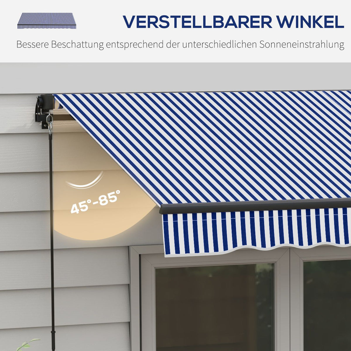 3 X 2.5 M Awning Wall Mounted Balcony Awning With Hand Crank, Sun Protection, Sun Canopy For Balcony Aluminum Blue + White
