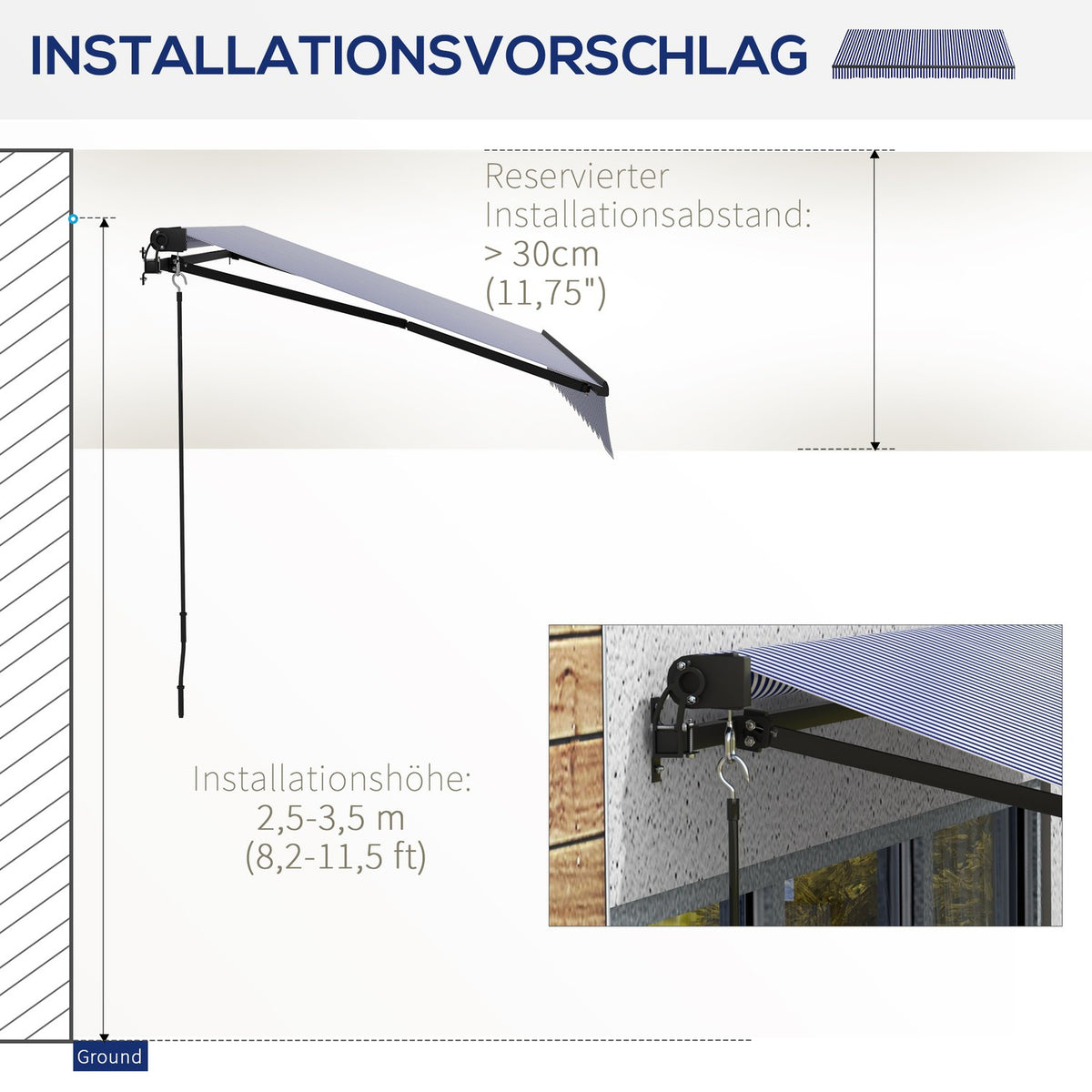 3 X 2.5 M Awning Wall Mounted Balcony Awning With Hand Crank, Sun Protection, Sun Canopy For Balcony Aluminum Blue + White