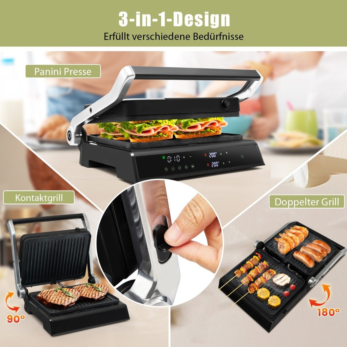 3-in-1 1800W Panini Press Grill with Non-Stick Plates Electric Grill