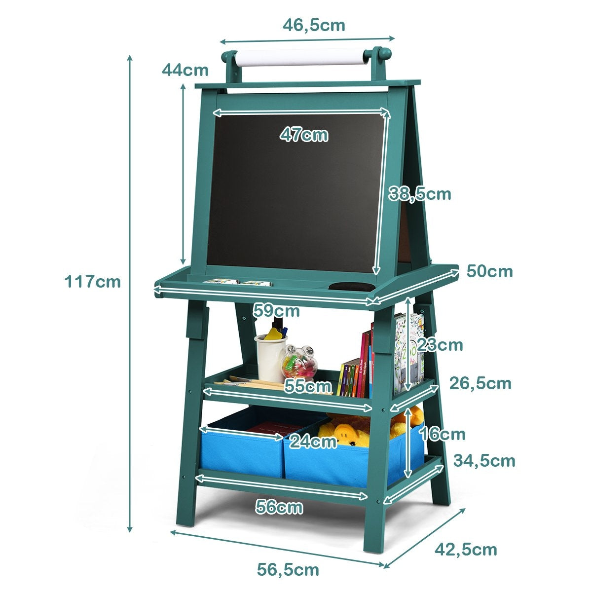 3 in 1 Children's Easel Children's Board Double-Sided Whiteboard & Chalkboard & Drawing Paper 59 x 50 x 117 cm Blue