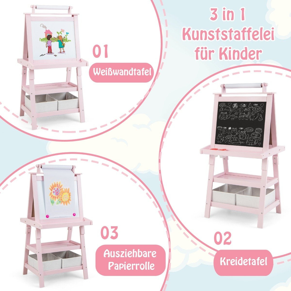 3 in 1 Children's Easel Double-Sided Whiteboard & Chalkboard & Drawing Paper Pink