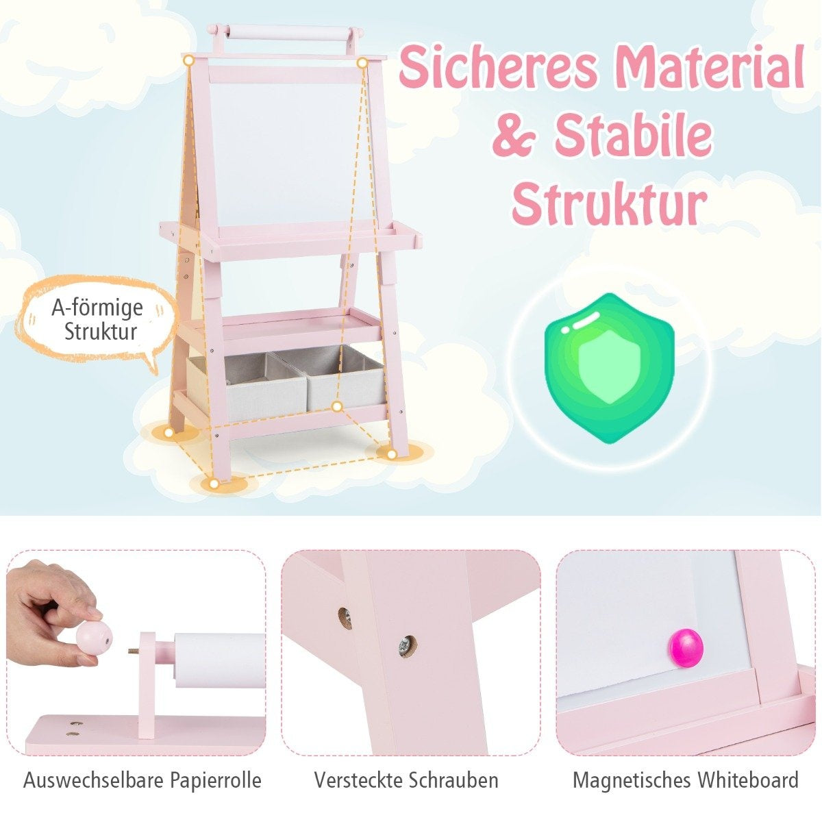 3 in 1 Children's Easel Double-Sided Whiteboard & Chalkboard & Drawing Paper Pink