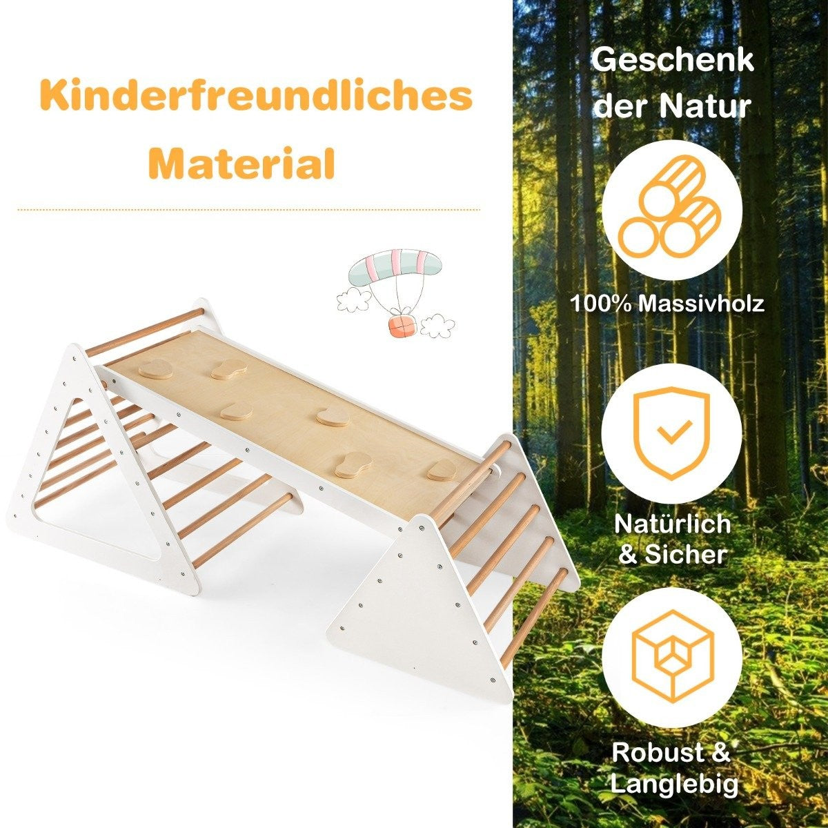 3 in 1 Climbing Toy Set for Toddlers Climbing Triangle & Ladder & Slide Climbing Frame Natural