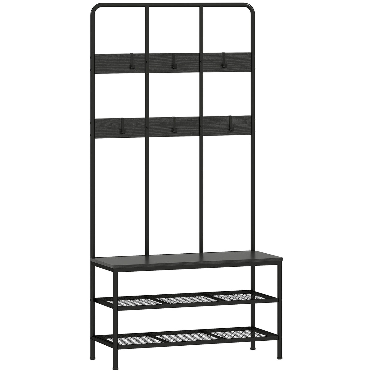 3-in-1 Coat Rack with Bench and Shoe Shelf, Black Metal