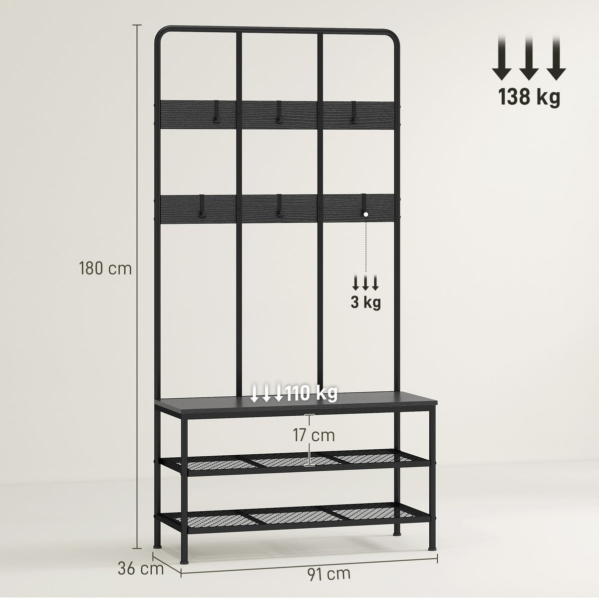 3-in-1 Coat Rack with Bench and Shoe Shelf, Black Metal