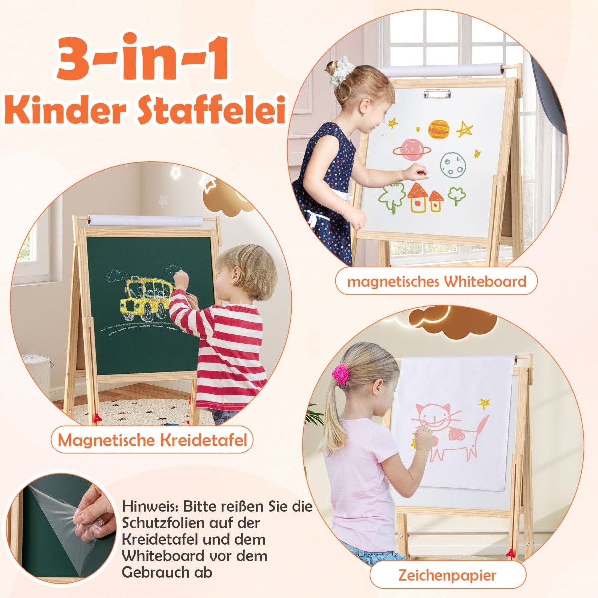 3-in-1 Kids Easel with Chalkboard, Whiteboard & Paper Roll