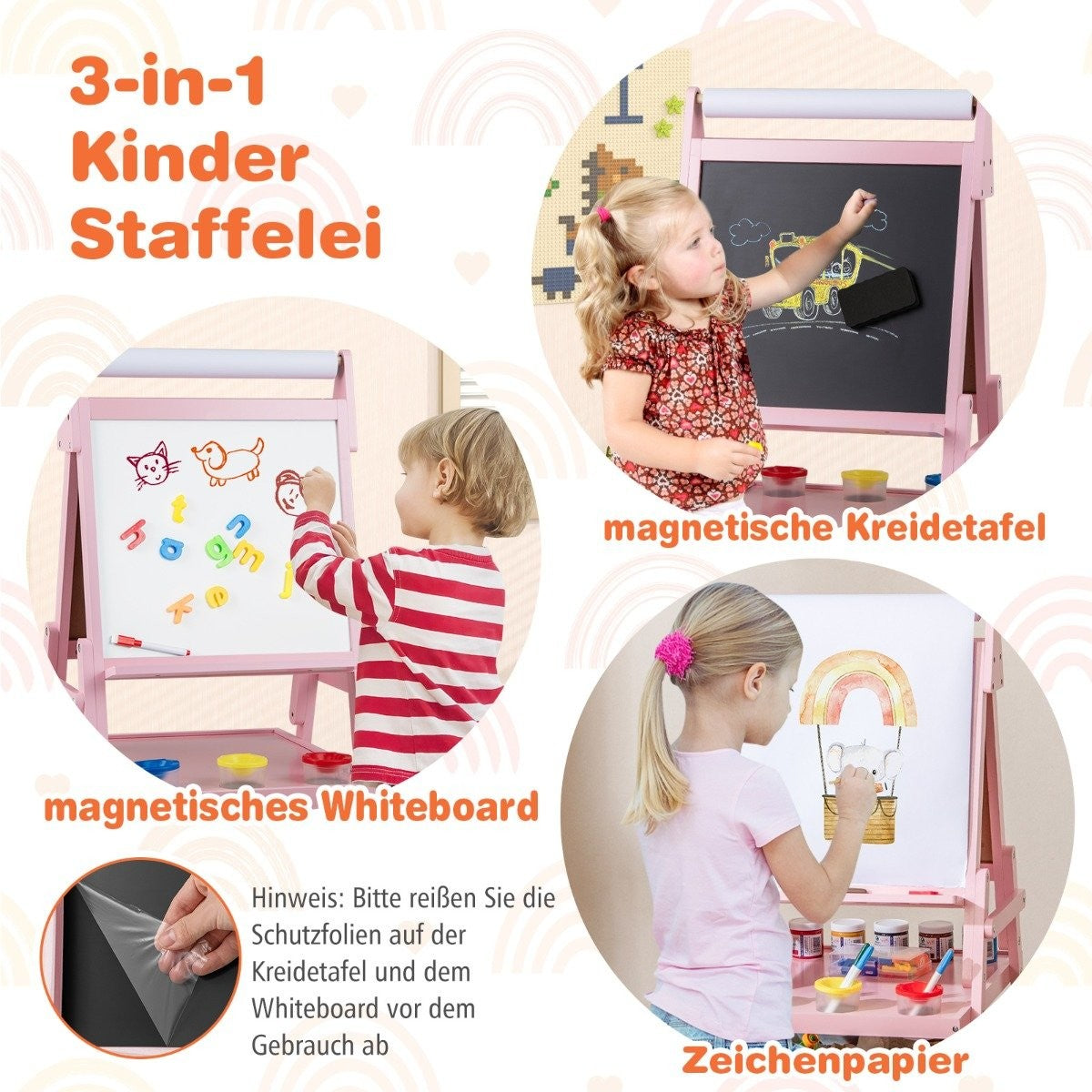 3-in-1 Kids Easel with Chalkboard, Whiteboard & Paper Roll