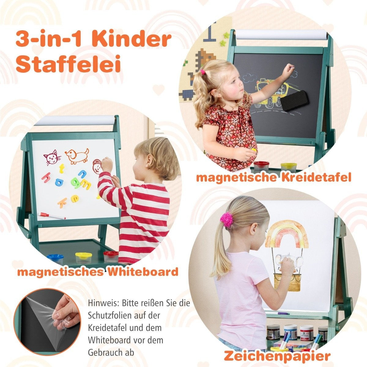 3-in-1 Kids Easel with Chalkboard, Whiteboard & Paper Roll