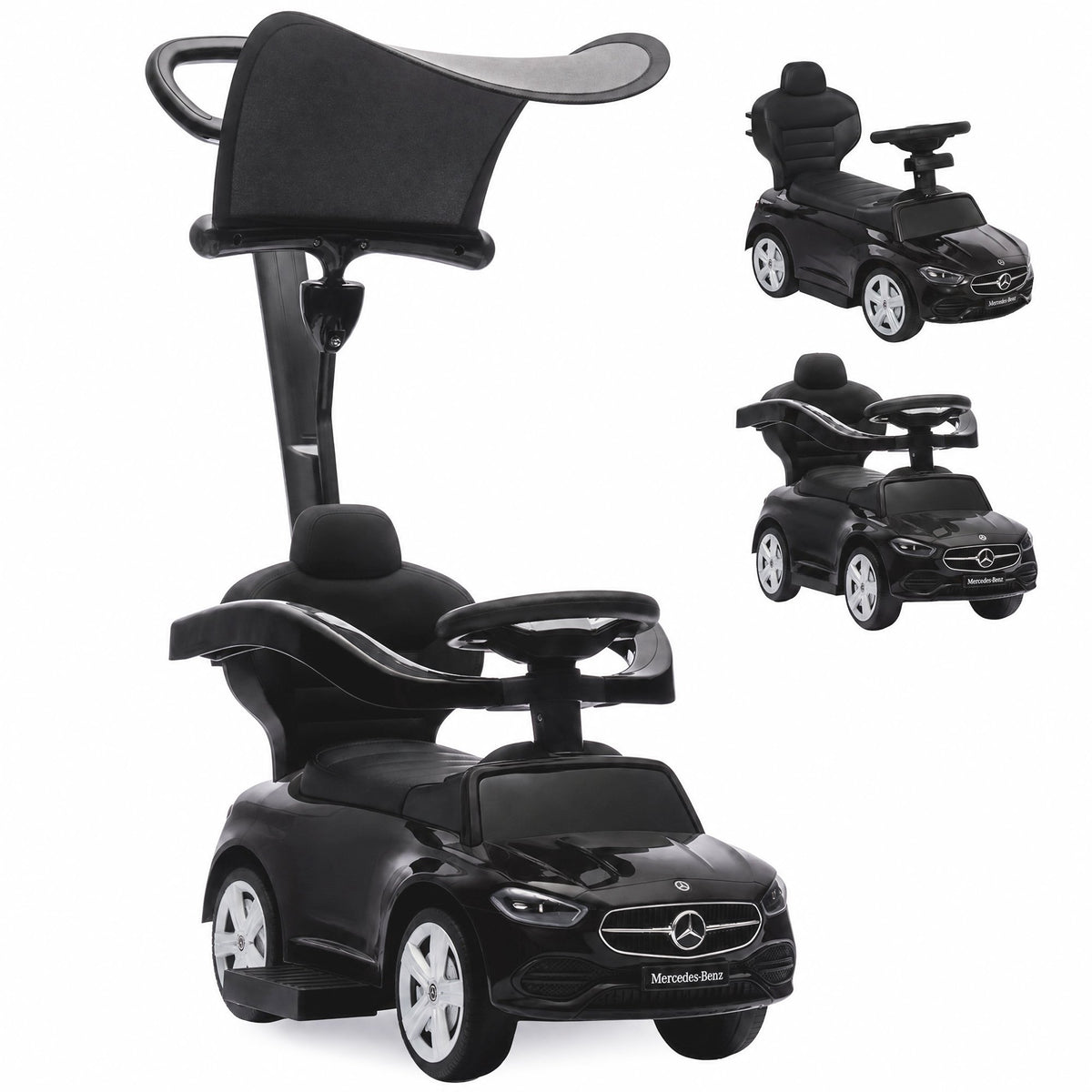 3-in-1 Kids Ride-On Car with Handle, Black, Mercedes Design