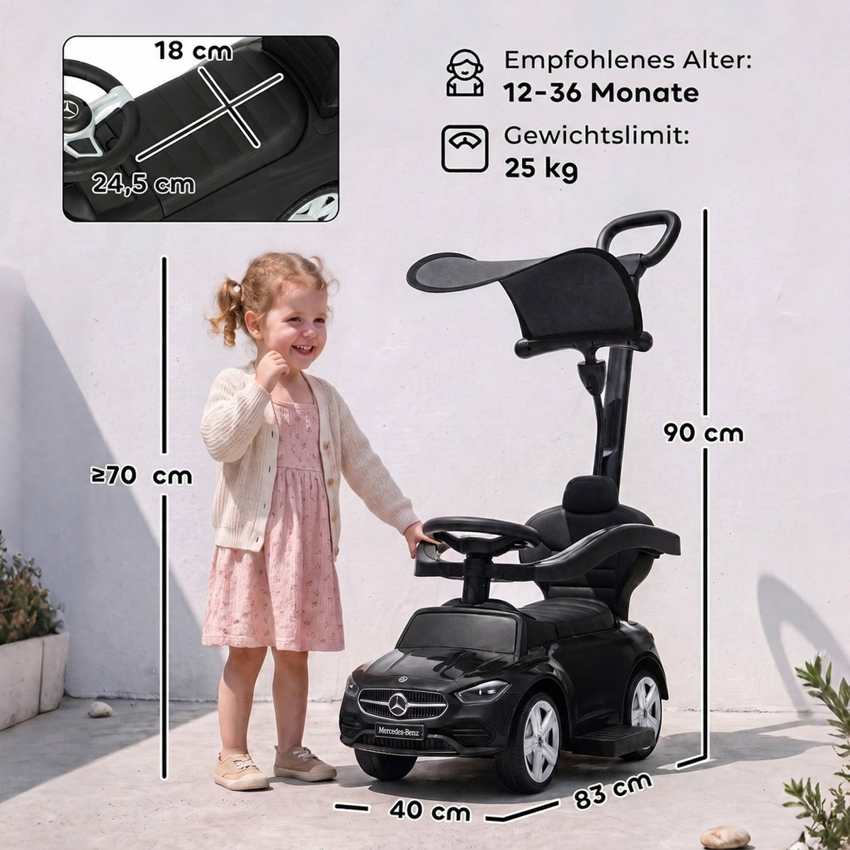 3-in-1 Kids Ride-On Car with Handle, Black, Mercedes Design