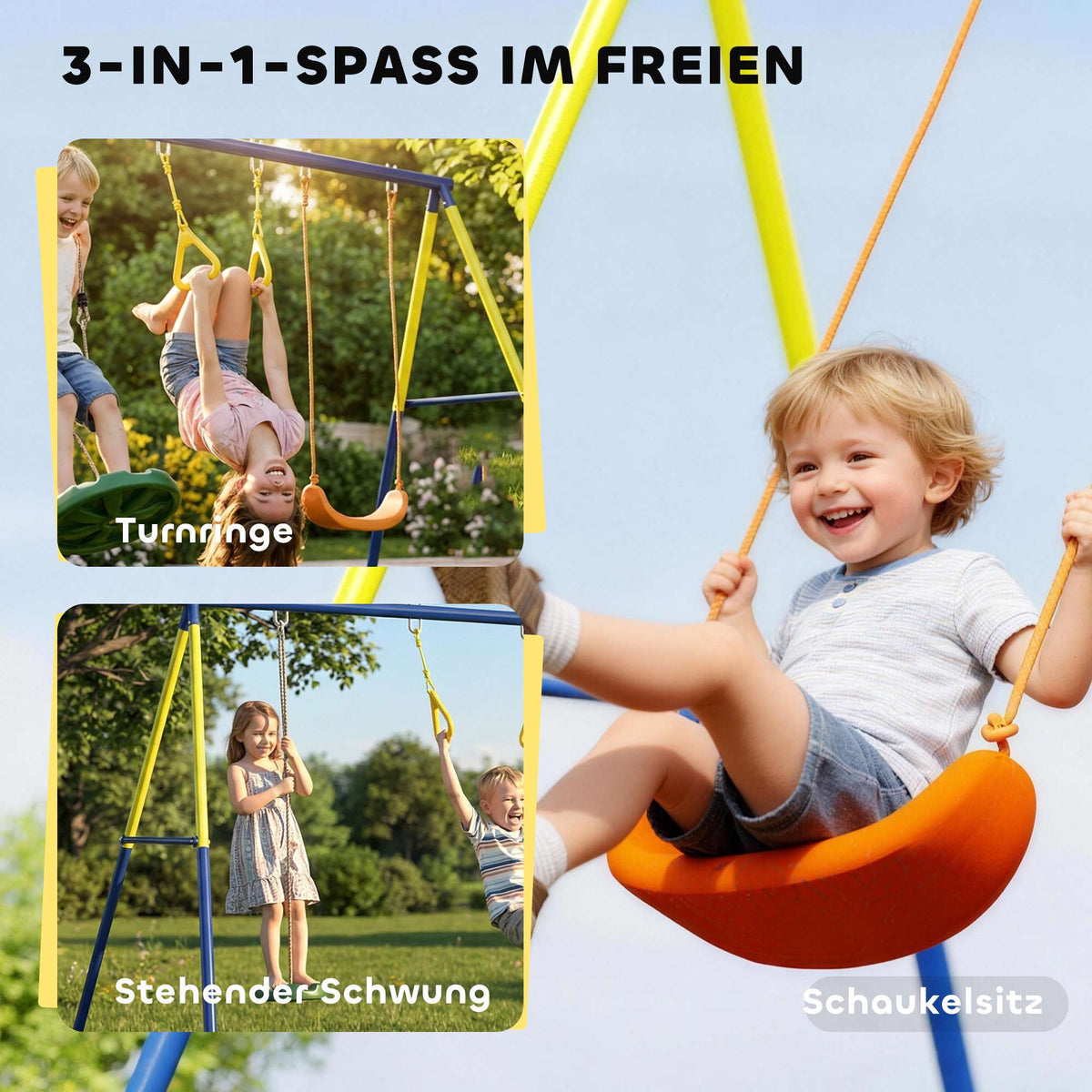 3-in-1 Kids Swing Set, Steel Frame, 150 kg Capacity
