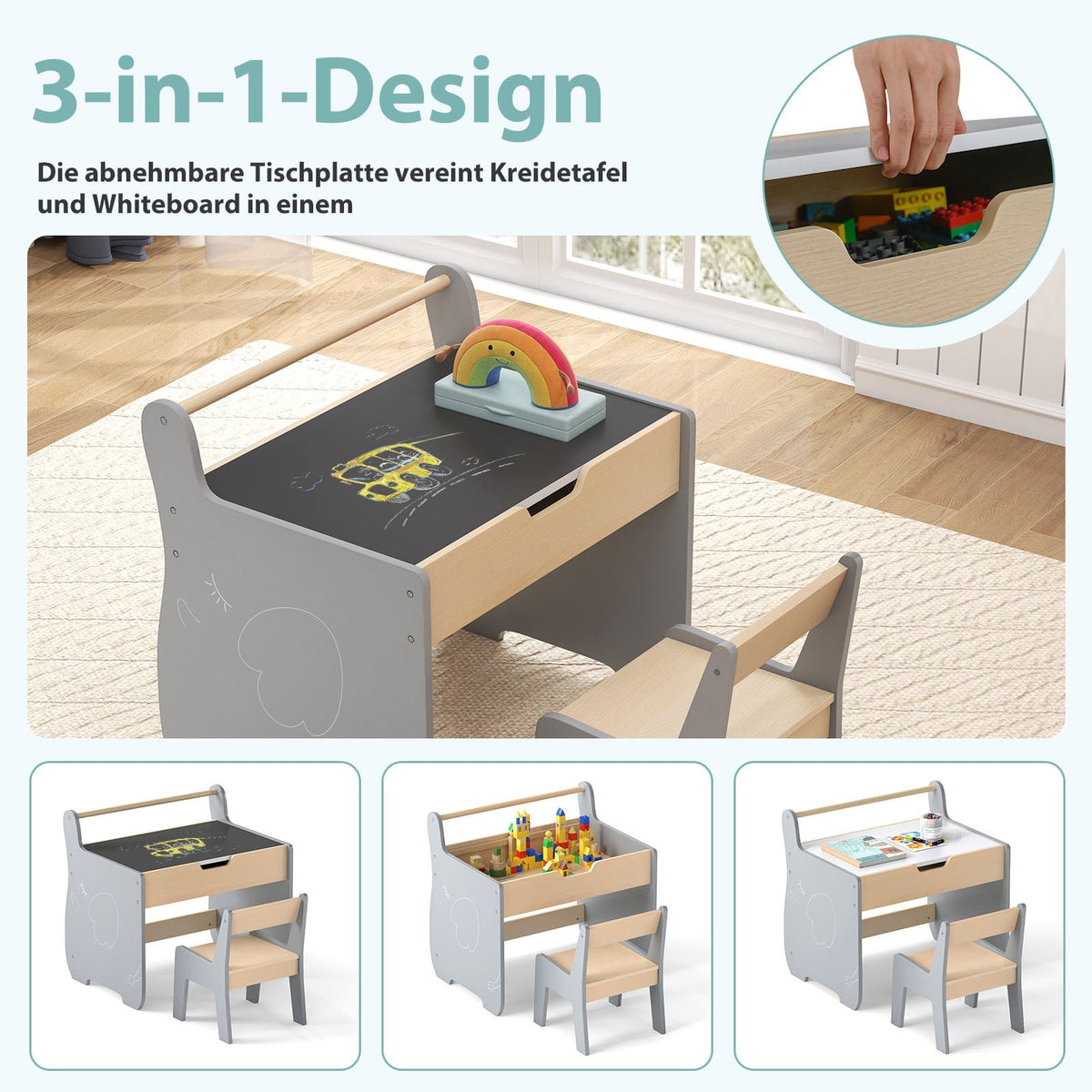 3-in-1 Kids Table Set with Reversible Top & Storage