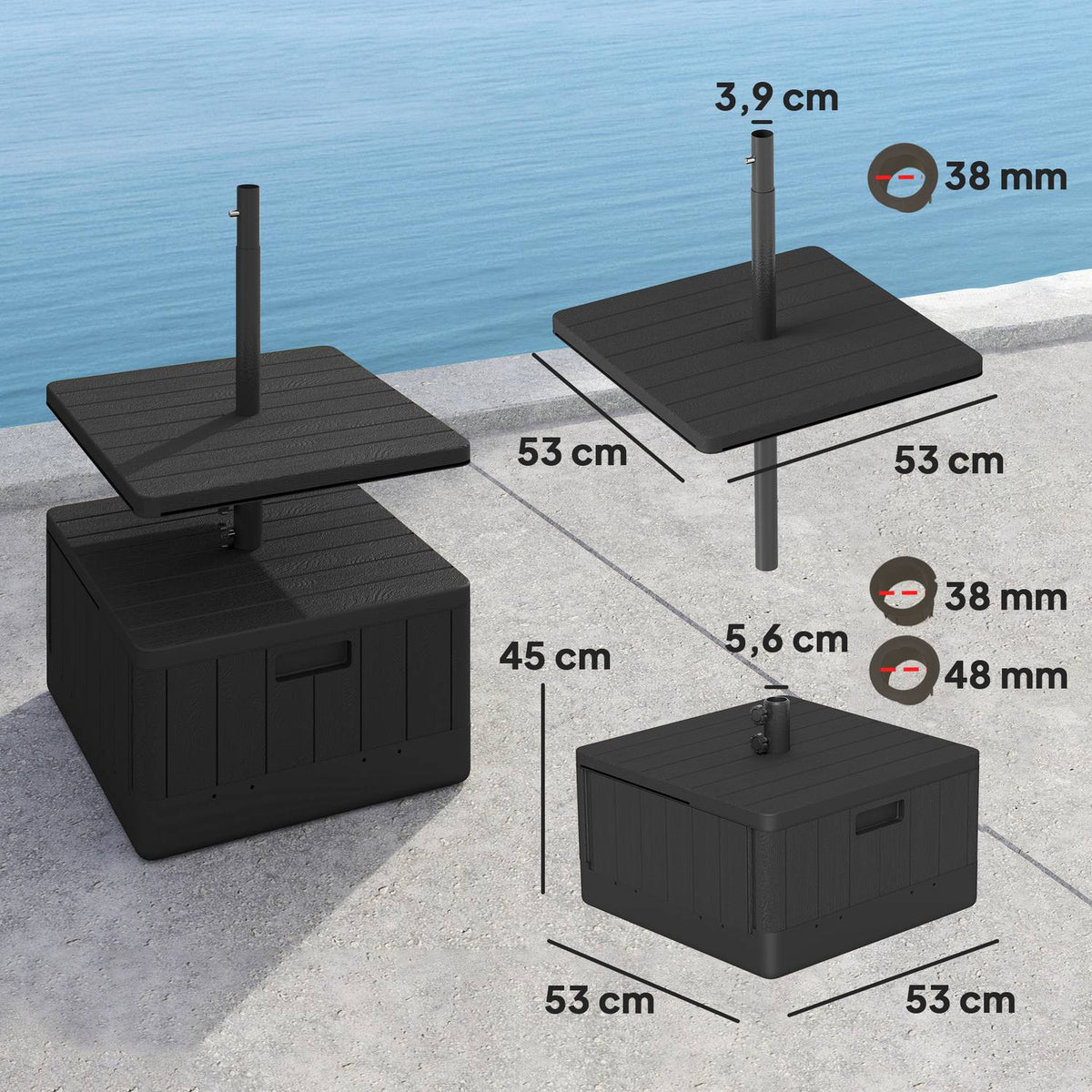 3 in 1 Parasol Stand 80 kg Fillable, Plantable Umbrella Stand with Wheels, Table Top Square Umbrella Holder Umbrella Weight Stand for Parasol Diameter 38/48 mm, for Balcony Black