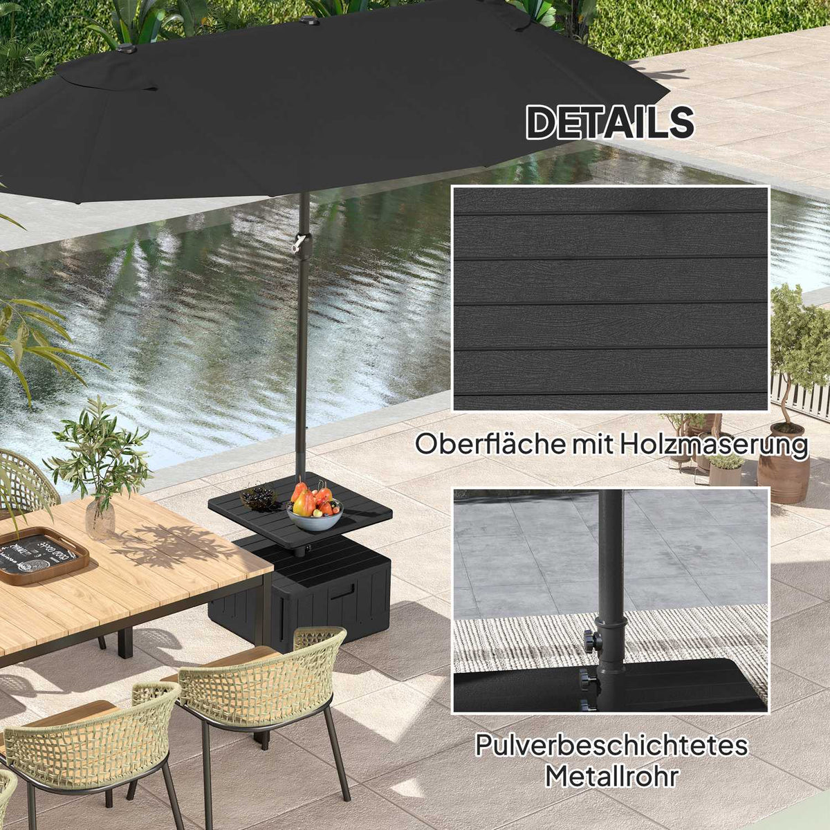 3 in 1 Parasol Stand 80 kg Fillable, Plantable Umbrella Stand with Wheels, Table Top Square Umbrella Holder Umbrella Weight Stand for Parasol Diameter 38/48 mm, for Balcony Black