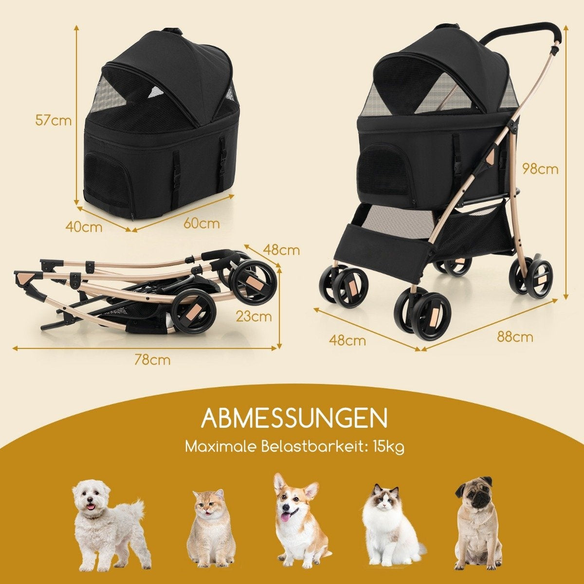 3-in-1 Pet Stroller, Foldable, Up to 15 kg, Black