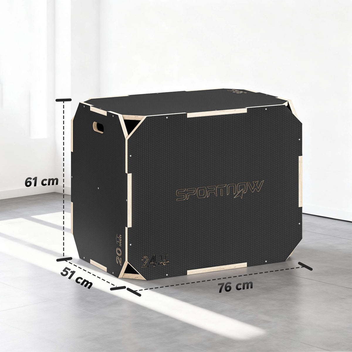 3-in-1 Plyo Box with Handles, Wood, Black, 3 Heights